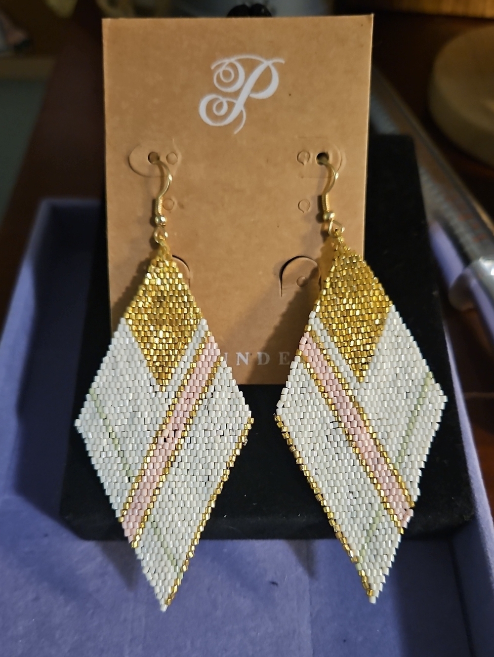 Gold, White & ink Beaded Diamond Drop Earrings